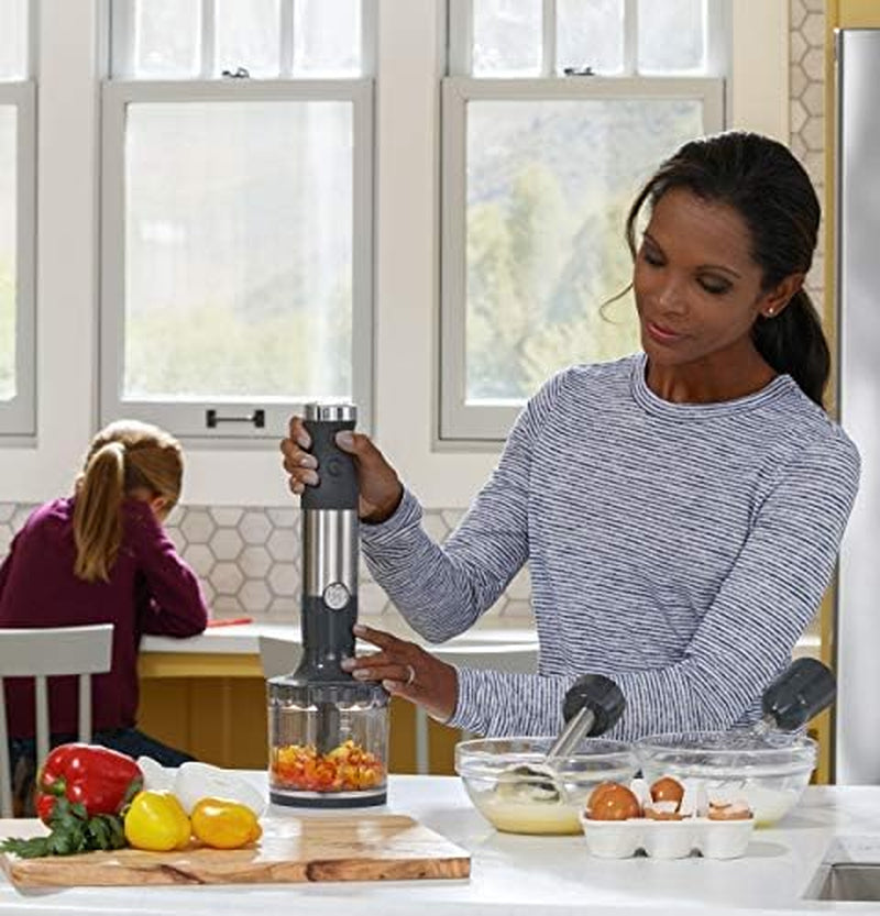 GE Handheld Immersion Blender with Whisk and Blending Jar | 500 Watts | 2-Speed | Interchangeable Attachments for Easy Cleaning | Ideal for Shakes, Smoothies, and Baby Food | Stainless Steel
