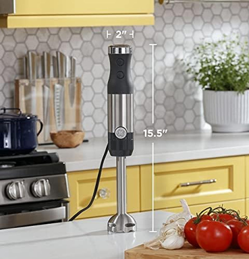 GE Handheld Immersion Blender with Whisk and Blending Jar | 500 Watts | 2-Speed | Interchangeable Attachments for Easy Cleaning | Ideal for Shakes, Smoothies, and Baby Food | Stainless Steel