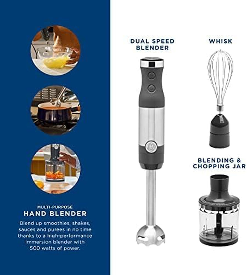 GE Handheld Immersion Blender with Whisk and Blending Jar | 500 Watts | 2-Speed | Interchangeable Attachments for Easy Cleaning | Ideal for Shakes, Smoothies, and Baby Food | Stainless Steel