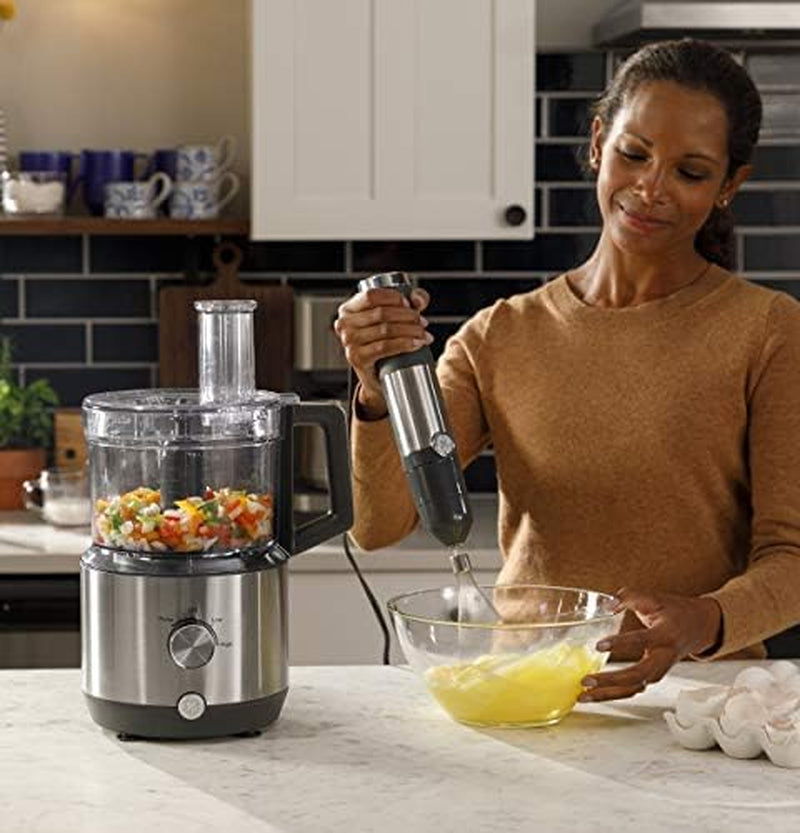 GE Handheld Immersion Blender with Whisk and Blending Jar | 500 Watts | 2-Speed | Interchangeable Attachments for Easy Cleaning | Ideal for Shakes, Smoothies, and Baby Food | Stainless Steel