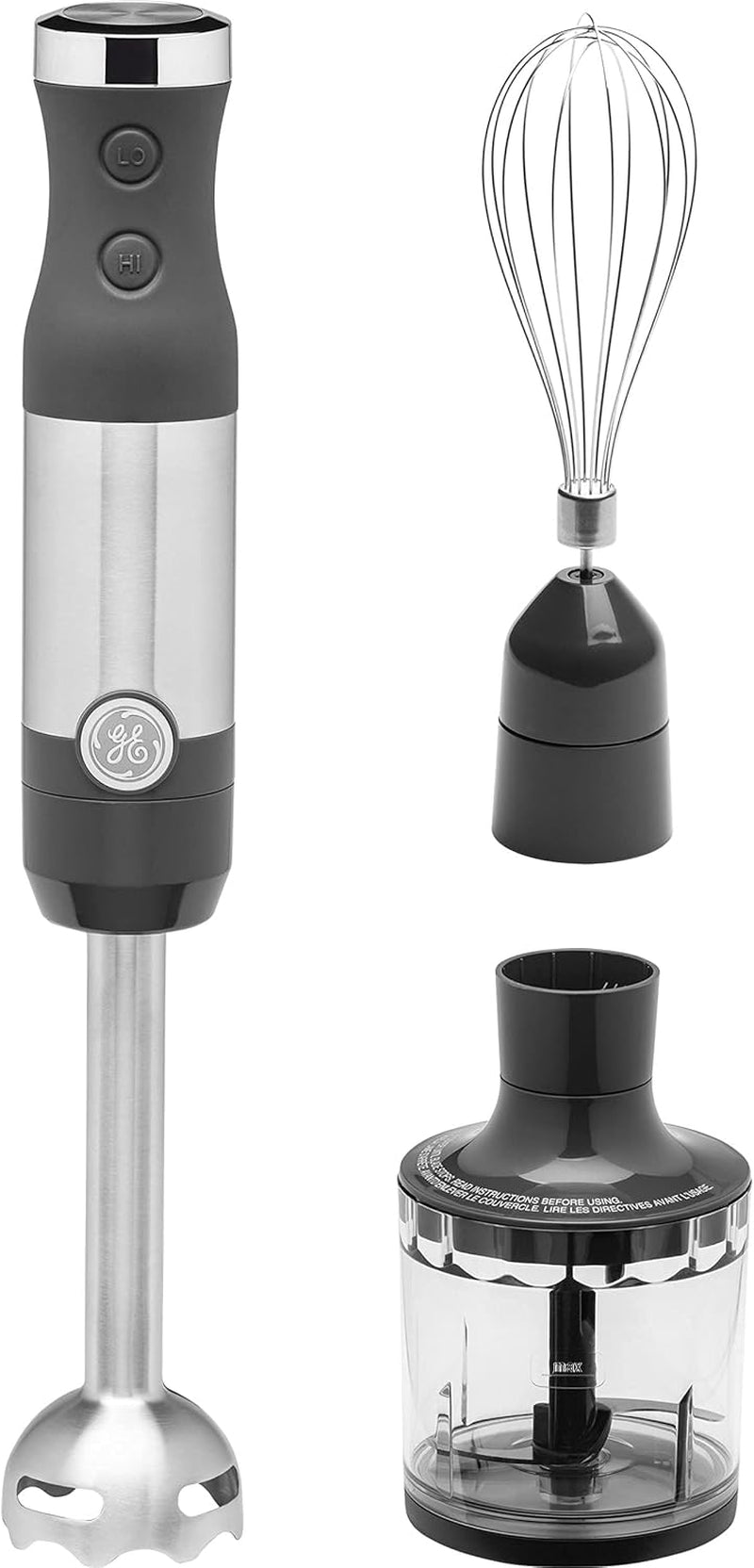 GE Handheld Immersion Blender with Whisk and Blending Jar | 500 Watts | 2-Speed | Interchangeable Attachments for Easy Cleaning | Ideal for Shakes, Smoothies, and Baby Food | Stainless Steel
