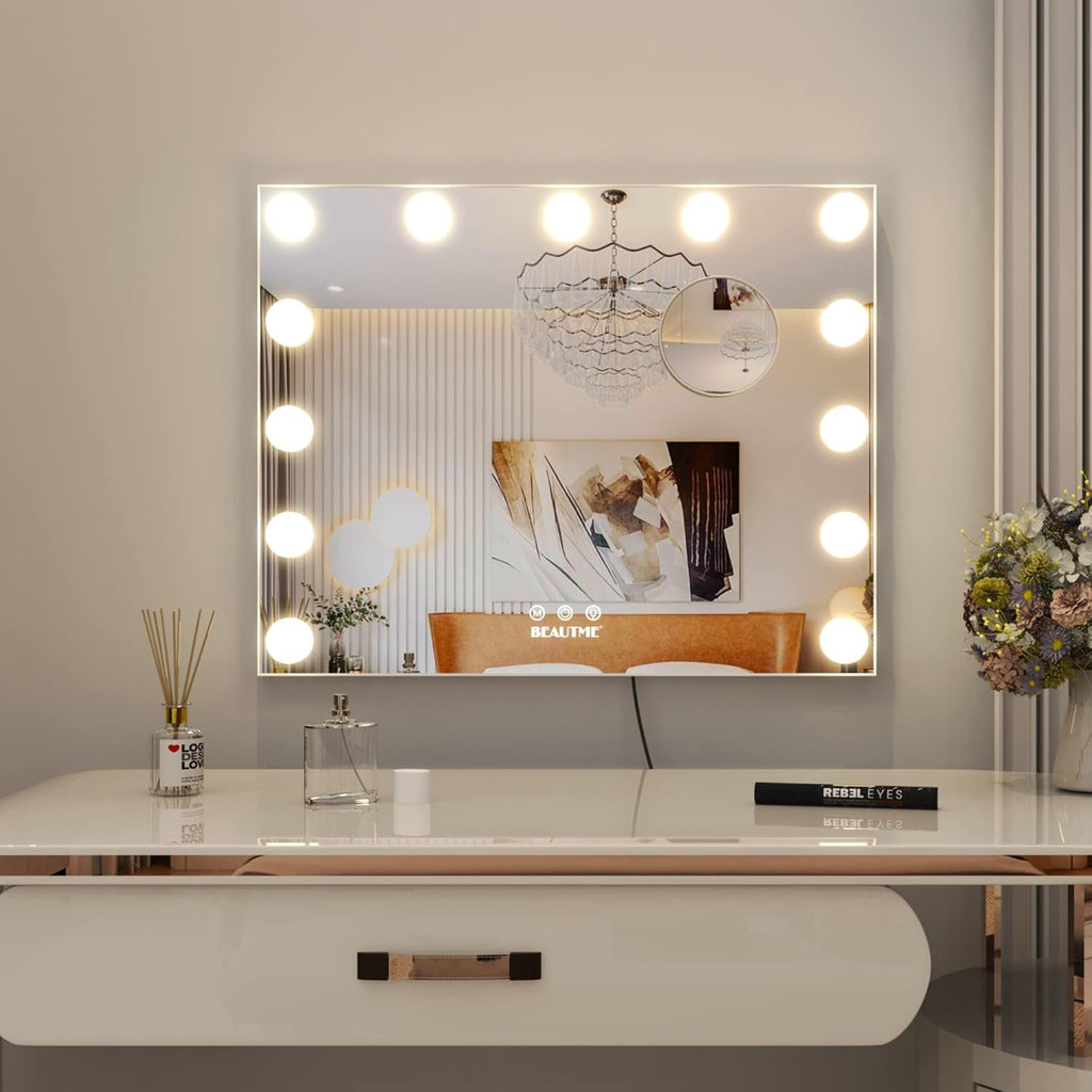 Lighted Vanity Mirror with Adjustable Magnification, Tabletop or Wall-Mounted Design (White)