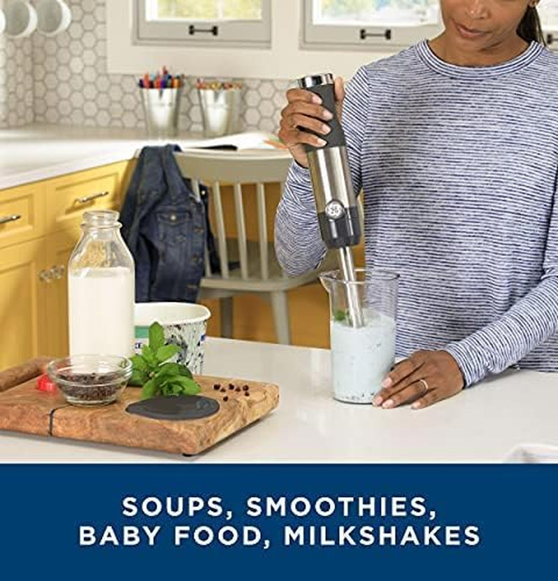 GE Handheld Immersion Blender with Whisk and Blending Jar | 500 Watts | 2-Speed | Interchangeable Attachments for Easy Cleaning | Ideal for Shakes, Smoothies, and Baby Food | Stainless Steel