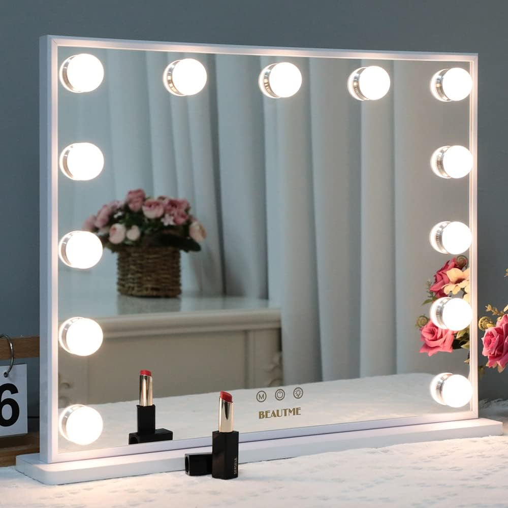 Lighted Vanity Mirror with Adjustable Magnification, Tabletop or Wall-Mounted Design (White)