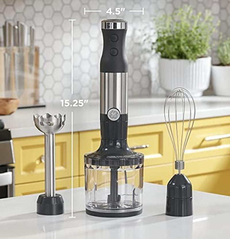 GE Handheld Immersion Blender with Whisk and Blending Jar | 500 Watts | 2-Speed | Interchangeable Attachments for Easy Cleaning | Ideal for Shakes, Smoothies, and Baby Food | Stainless Steel