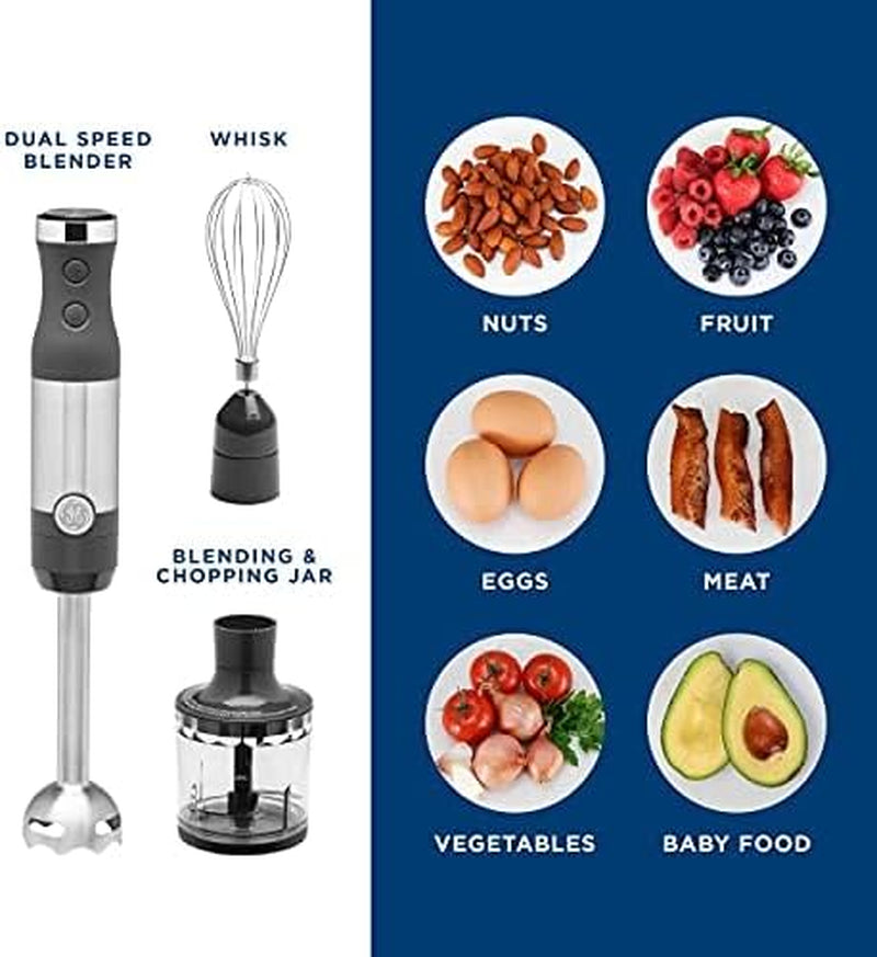 GE Handheld Immersion Blender with Whisk and Blending Jar | 500 Watts | 2-Speed | Interchangeable Attachments for Easy Cleaning | Ideal for Shakes, Smoothies, and Baby Food | Stainless Steel