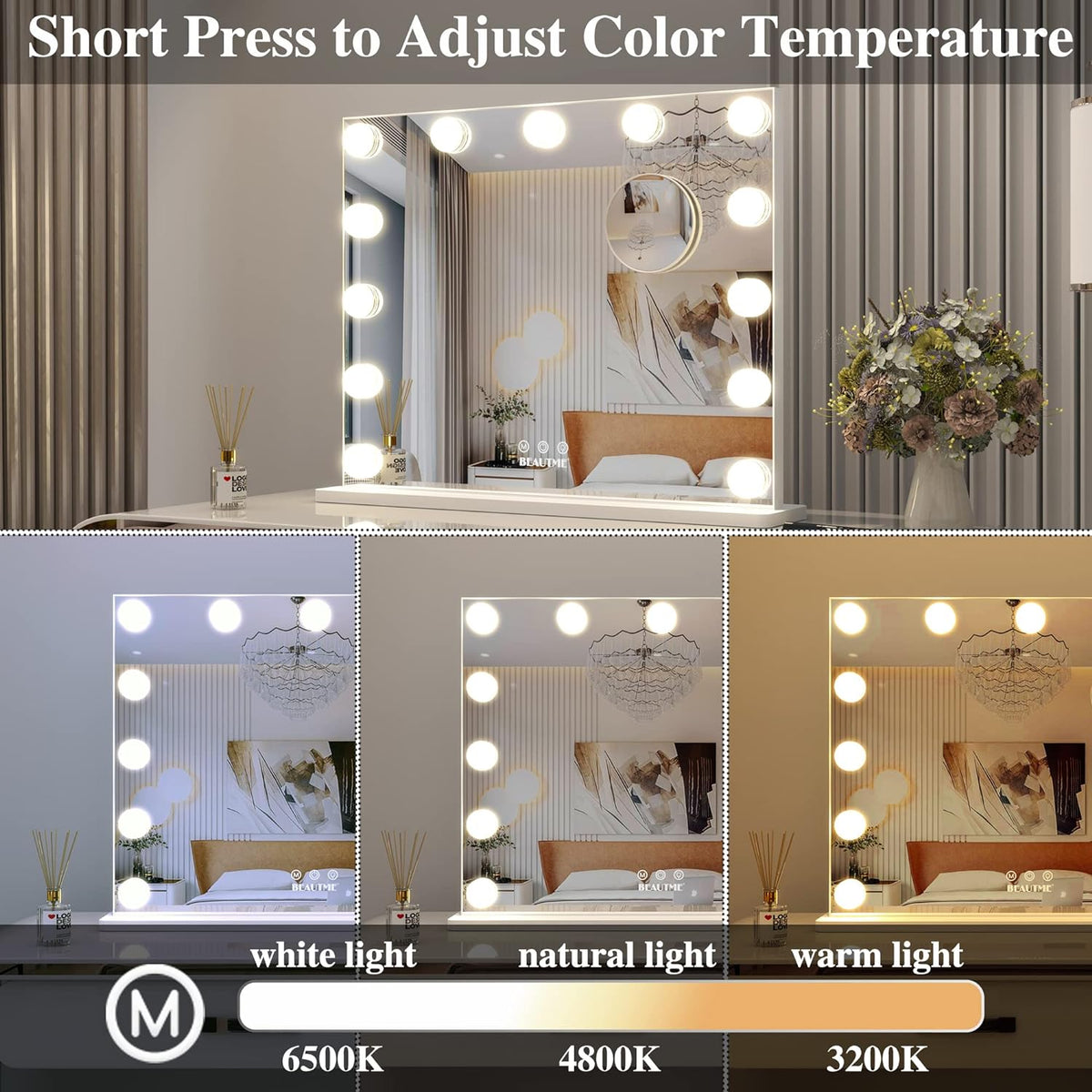 Lighted Vanity Mirror with Adjustable Magnification, Tabletop or Wall-Mounted Design (White)