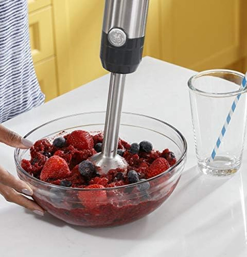 GE Handheld Immersion Blender with Whisk and Blending Jar | 500 Watts | 2-Speed | Interchangeable Attachments for Easy Cleaning | Ideal for Shakes, Smoothies, and Baby Food | Stainless Steel