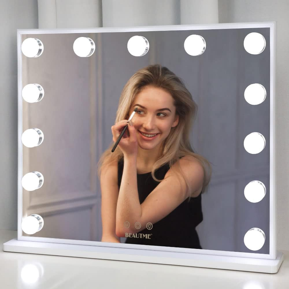 Lighted Vanity Mirror with Adjustable Magnification, Tabletop or Wall-Mounted Design (White)