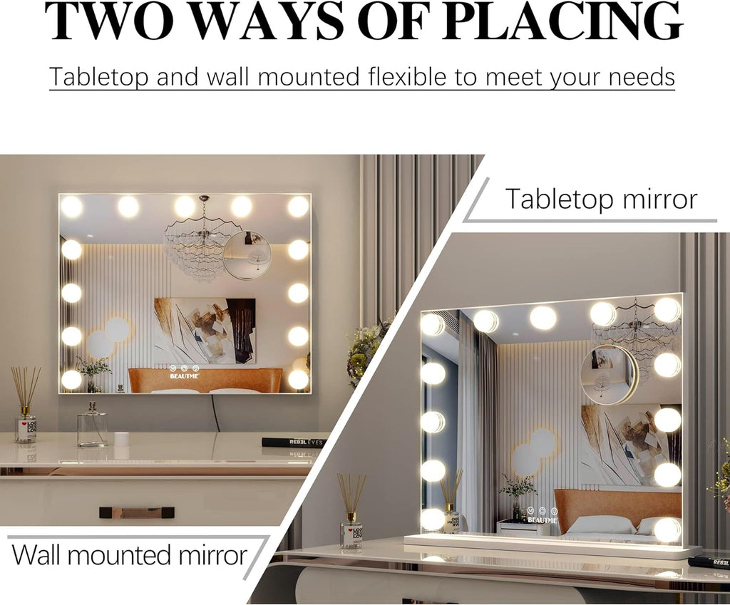 Lighted Vanity Mirror with Adjustable Magnification, Tabletop or Wall-Mounted Design (White)